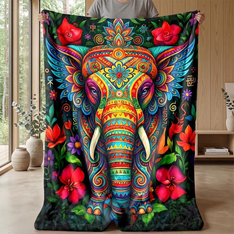 Vibrant Colorful Elephant Art Theme Blanket Lightweight Warm Flannel Blanket Decorative Throw Blanket for Home Decoration