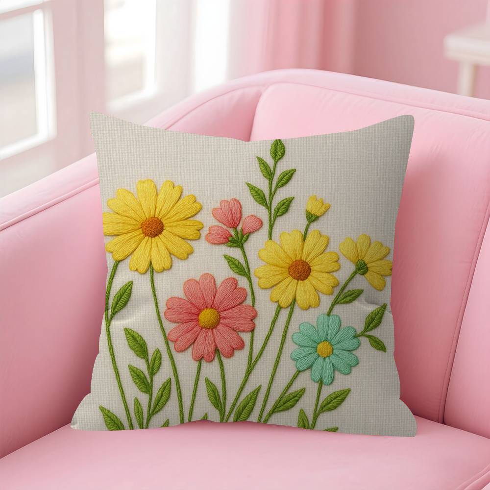 Colorful Embroidery Daisy Pillow Gift Home Office Decoration Bedroom Sofa Car Cushion Cover Case 45X45