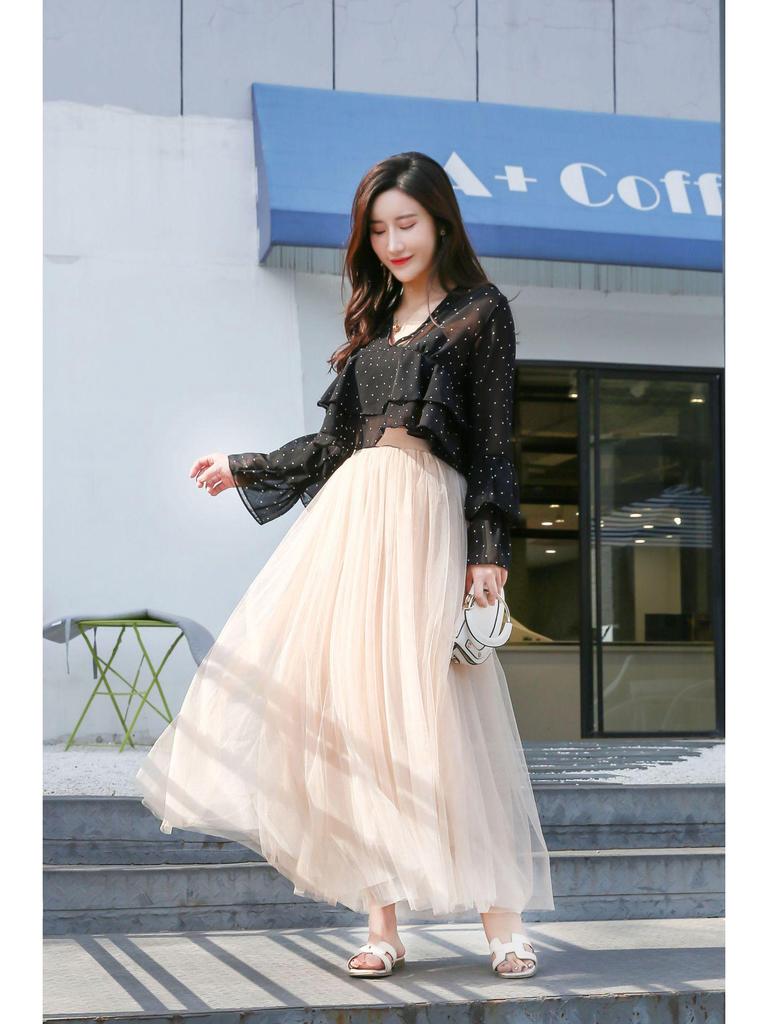 Spódnica z tiulu plisowanego w kształcie litery A, wiosenno-letnia, koreańska, z wysokim stanem