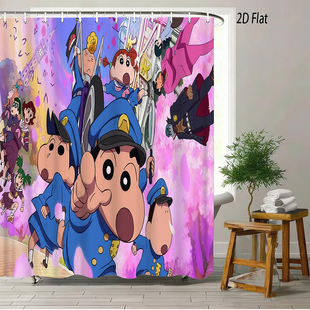 Crayon Shin-Chan The Movie Super Power Battle 2D Print Waterproof Shower Curtain, Yellow Bathroom Decor With Hooks