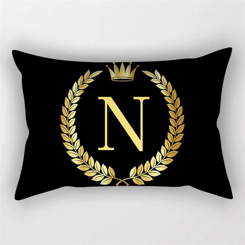 Gold Color Letter Cushion Cover 30x50cm Rectangle Pillow Case Crown Leaves Plant Polyester Black Sofa Pillow Cover Home Decor