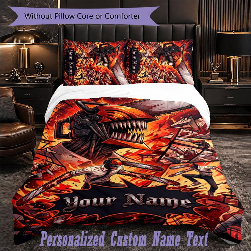 Personalized 3Pcs Bedding SetChainsaw Man Custom Text Duvet Cover Pillowcase Set Bedroom Gift