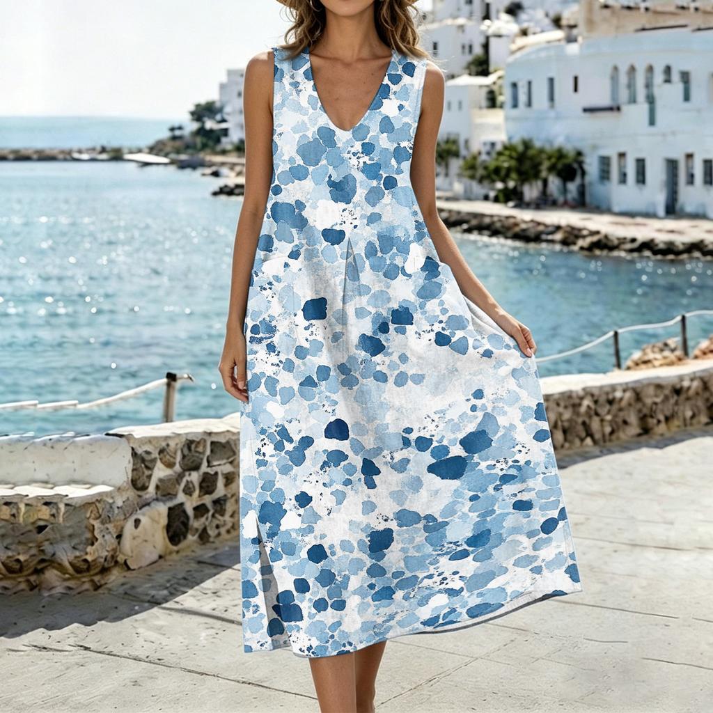 Women’s Sleeveless V Neck Midi Dress with Pockets Floral Print Cotton Linen Split Hem Casual Tank Style