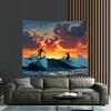 Surfer Silhouette Tapestry Wall Hanging, Sunset Ocean Waves and Flying Birds, Summer Beach Art Decor for Living Room Bedroom