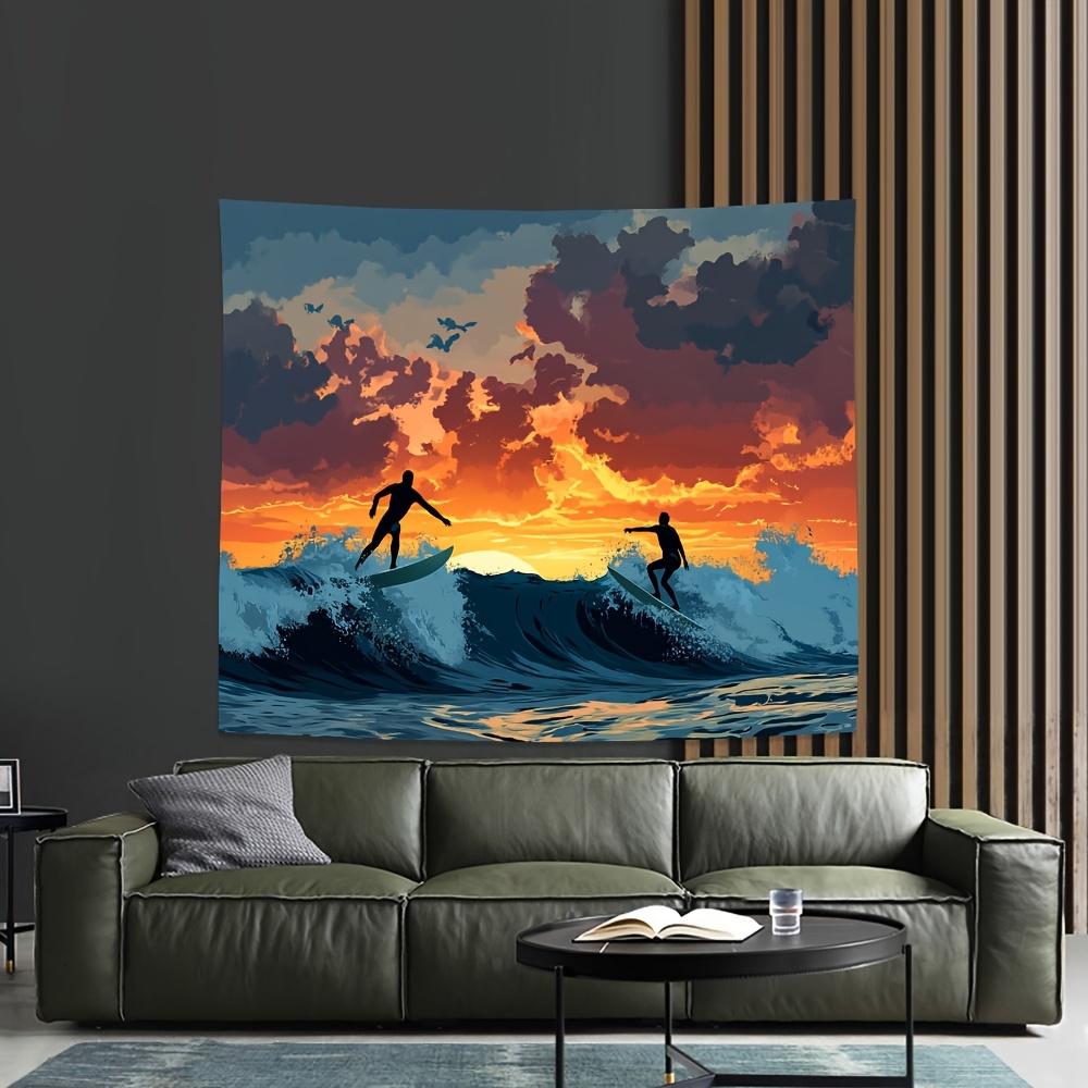 Surfer Silhouette Tapestry Wall Hanging, Sunset Ocean Waves and Flying Birds, Summer Beach Art Decor for Living Room Bedroom