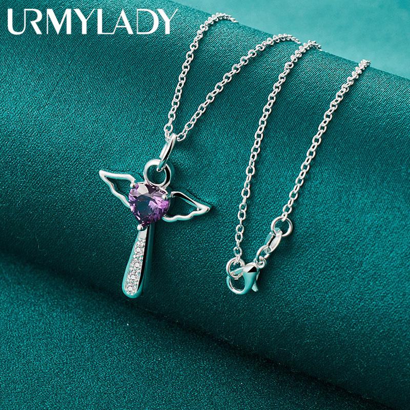 URMYLADY 925 Sterling Silber Lila AAAAA Zirkon Engel Kreuz Anhänger Halskette Für Frauen Hochzeit Charme Schmuck