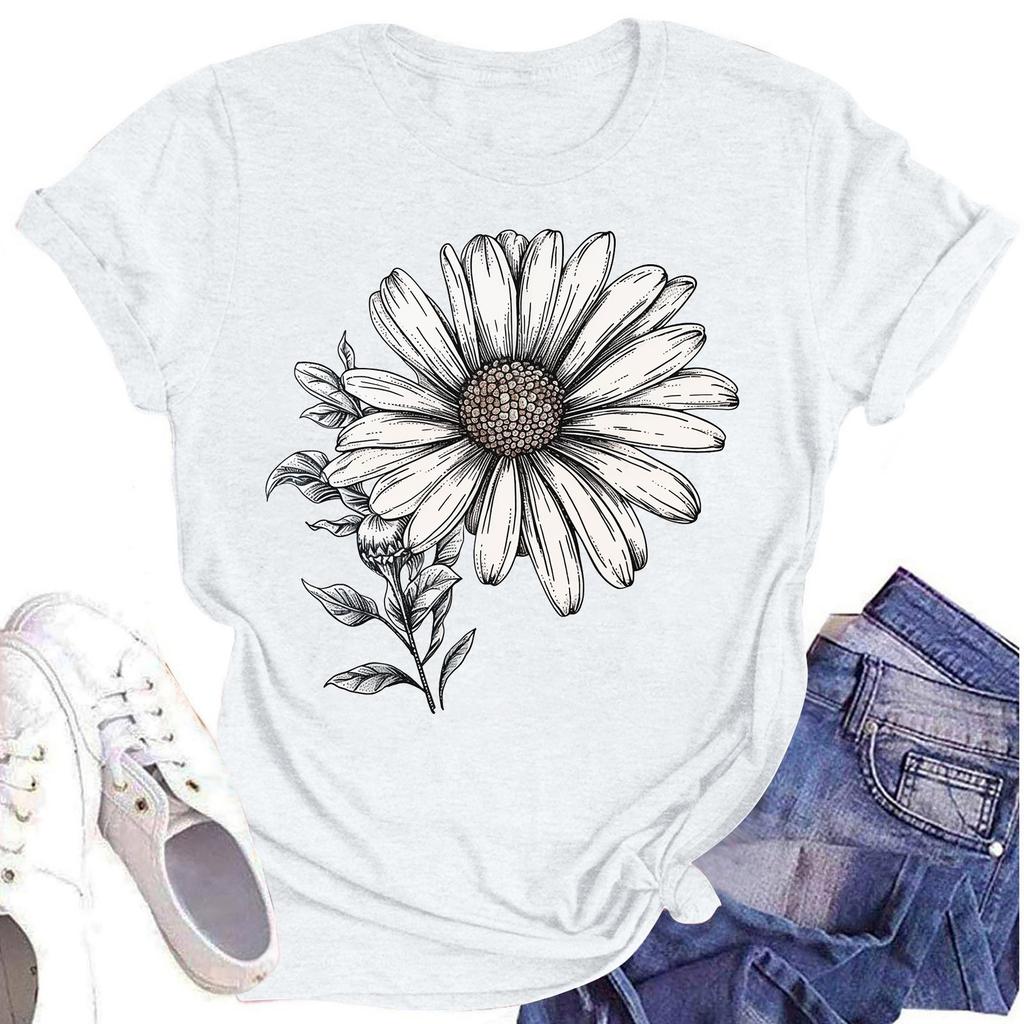 Lässiges T-Shirt für Damen mit Rundhalsausschnitt, Blumendruck, kurzärmelig