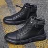 Men's Genuine Leather Black Martin Boots with Velvet, 2022 Spring High-Top Trendy Shoes