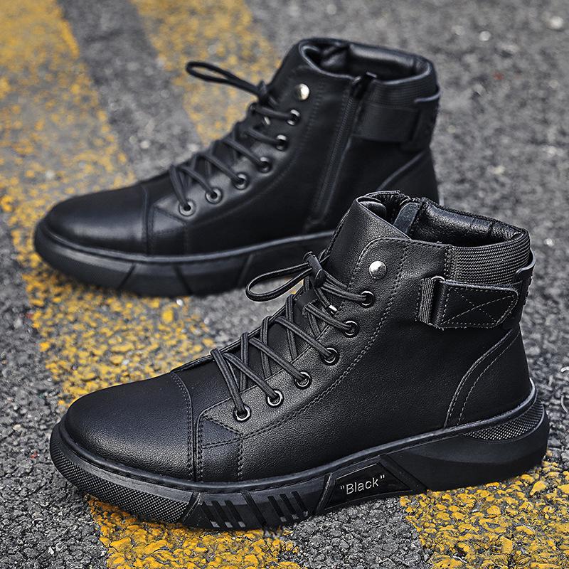 Men's Genuine Leather Black Martin Boots with Velvet, 2022 Spring High-Top Trendy Shoes