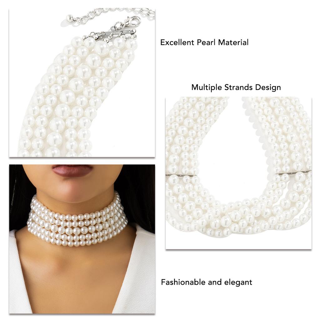 Pearl Collar Necklace Women Bohemian Style Vintage Multi Strands Necklace for Party White K 4778 Free Size