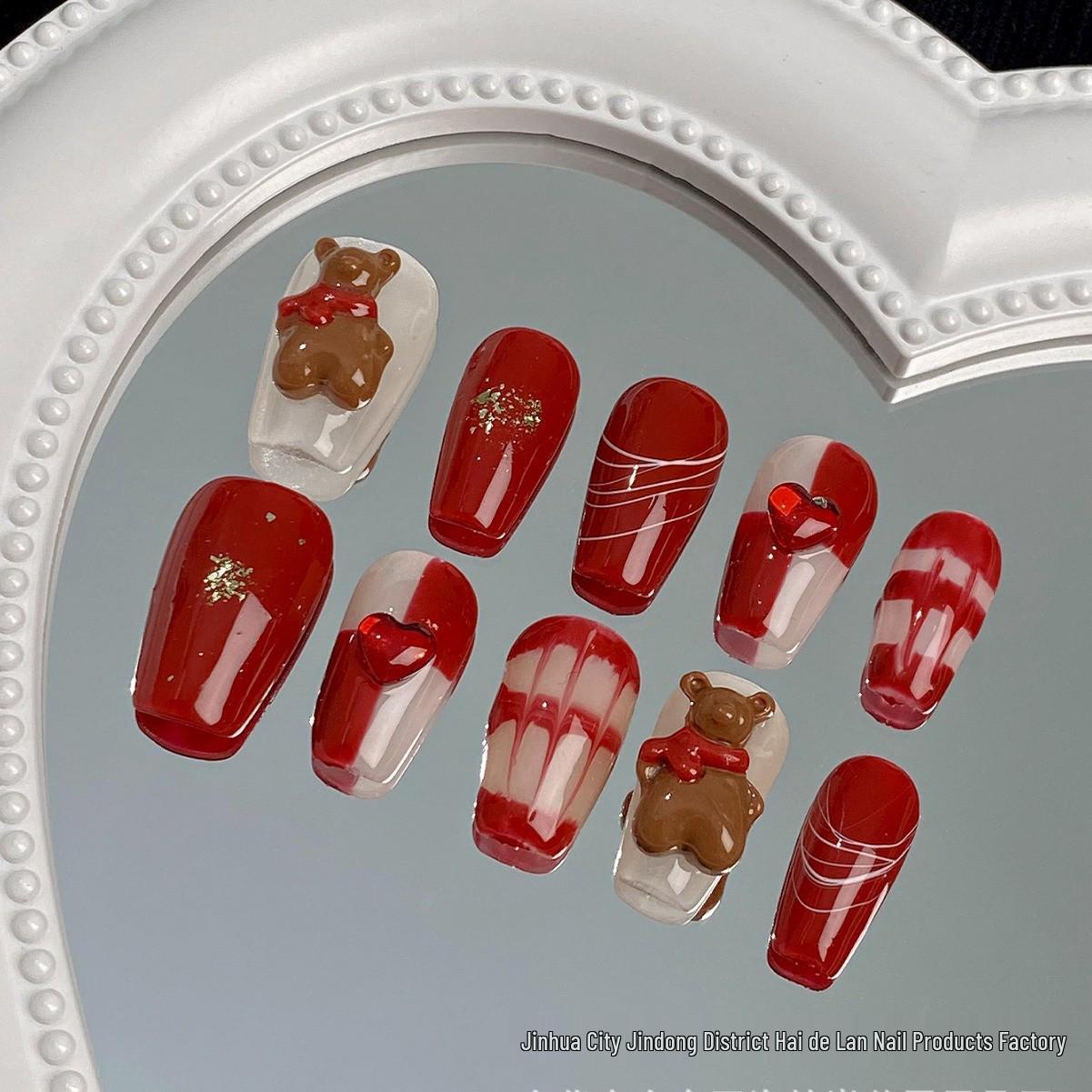 

2024 Autumn/Winter Red Bear Short Nail Patches SJ0367 New Year Bear - Medium