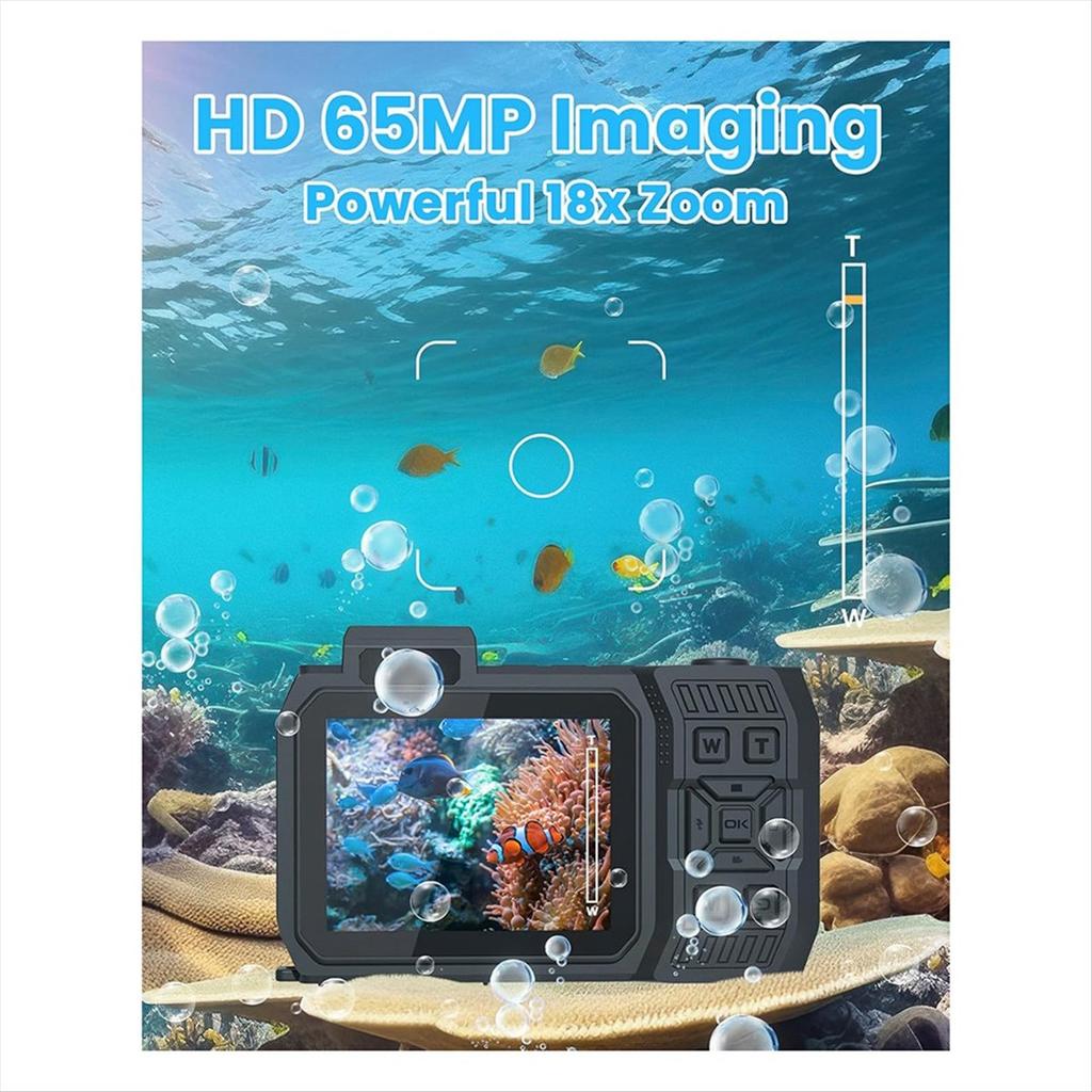 Waterproof Camera 4K 65MP Underwater Camera with 64G Card, for Snorkeling Autofocus Selfie Dual-Screen Orange