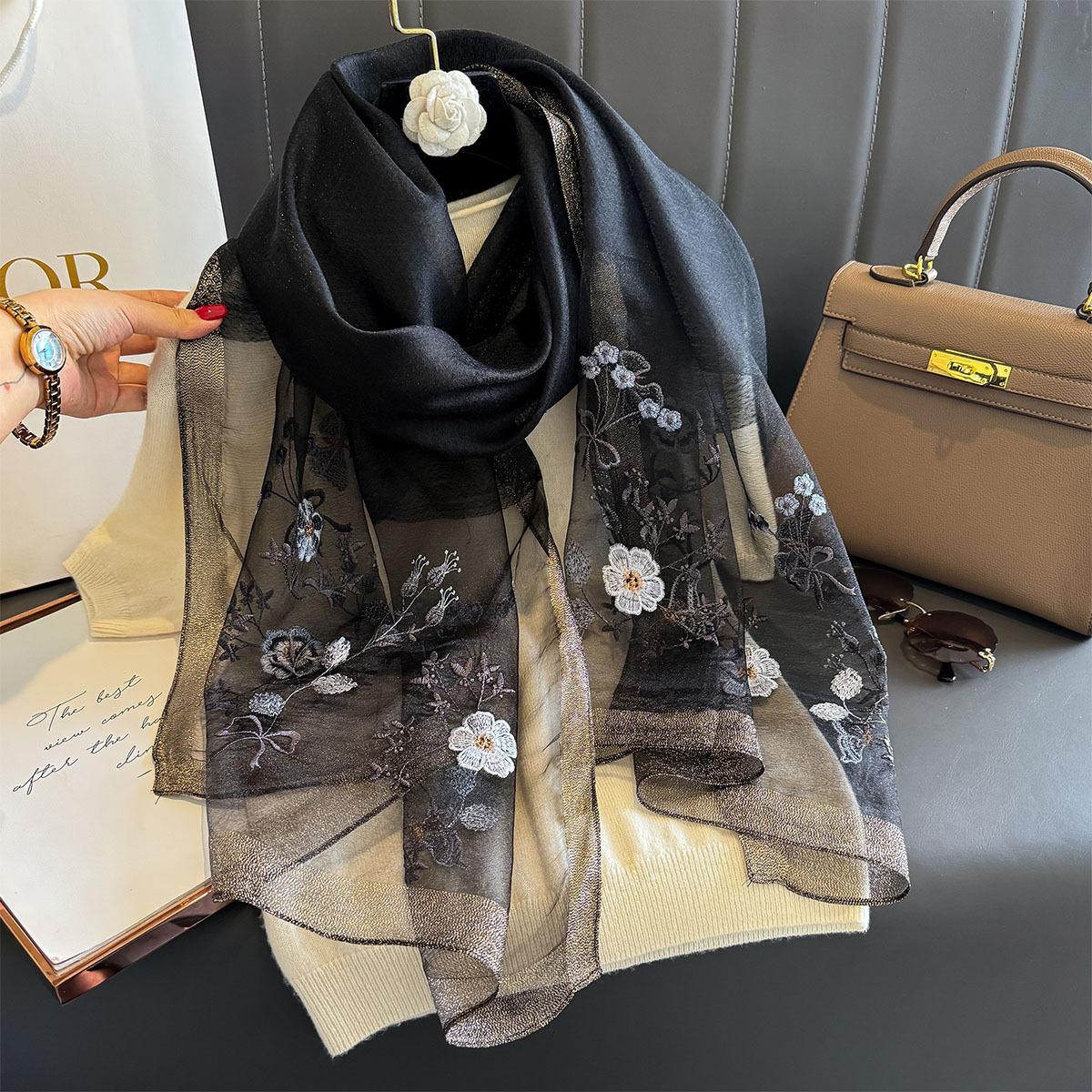 Luxus-Seidenschal für Damen Design Stickerei Blumen Hijab-Tücher Bufandas Kopftuch für Damen Fouloud Echarpe One Size black