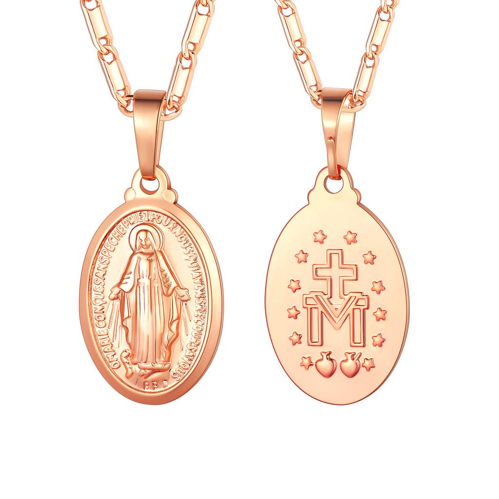 U7 Vigin Mary Necklaces 22" Chain 3D Embossed Vigin Mary Oval Coin Pendant Medallion Religious Christian Dainty Jewelry Gift