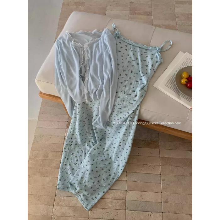 Summer small slim and thin a word hip-wrapped long skirt French blue floral sleeveless suspender dress women S синий