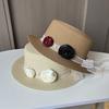 Pastoral streamer flower straw hat women's summer seaside vacation sun hat French flat top top hat sun hat
