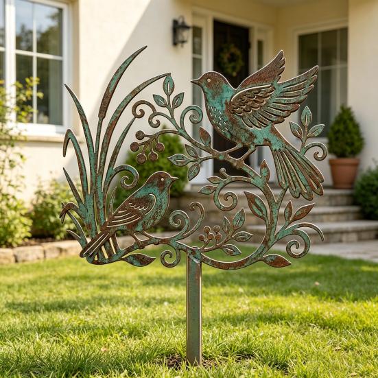 Courtyard Landscape Ornament Metal Bird Garden Stake, Weather Resistant Iron Yard Art Ornament, Decorative Stake Retro Patina Finish Sign for Outdoor
