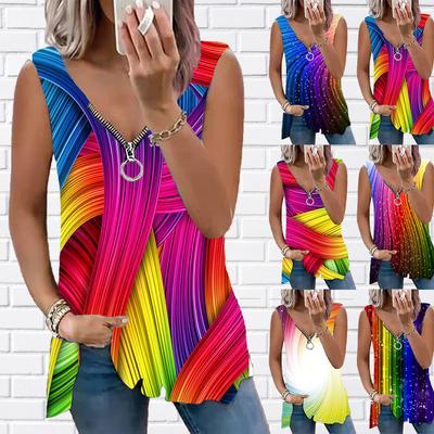 Kadın Üst Yaz Yeni Moda Renkli Çiçek Baskılı Rahat Artı Boyutu Kolsuz Fermuar V Yaka Üst Tank Top