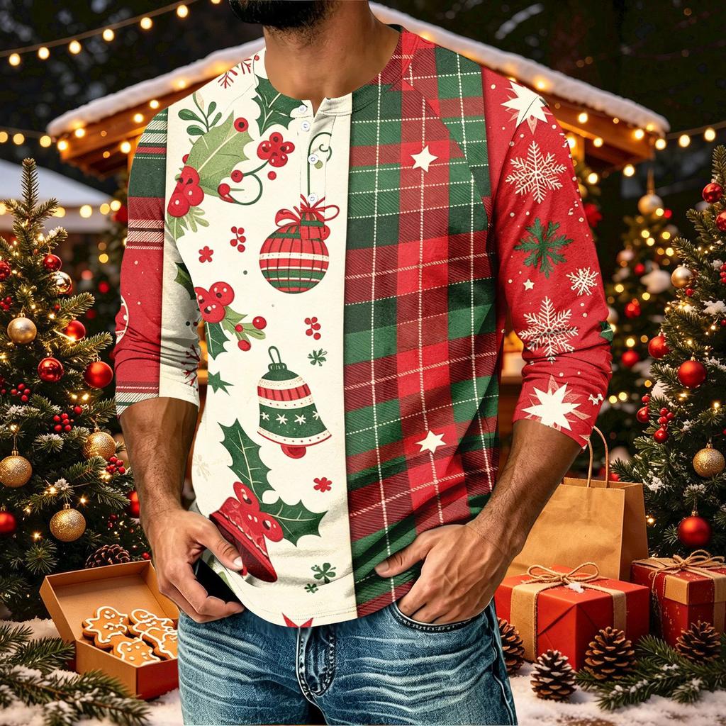 Men's Casual Shirt with Three-Quarter Raglan Sleeves Christmas Print