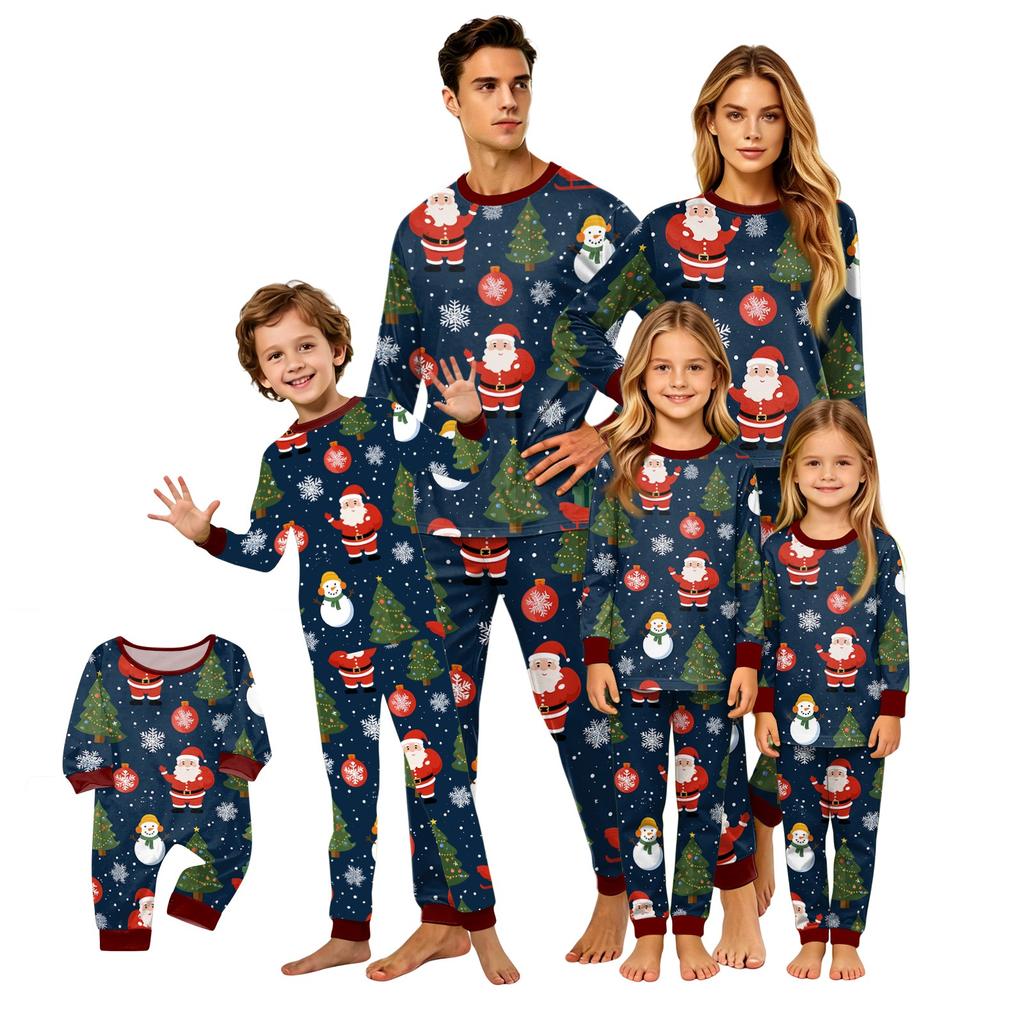 Family Matching Christmas Print Pajama Set Long Sleeve Neck Top and Pants for Parents and Kids