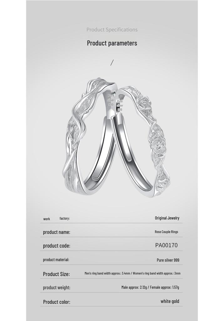 Bagues de Couple Réglables en Argent Sterling 999 avec Zircone Cubique