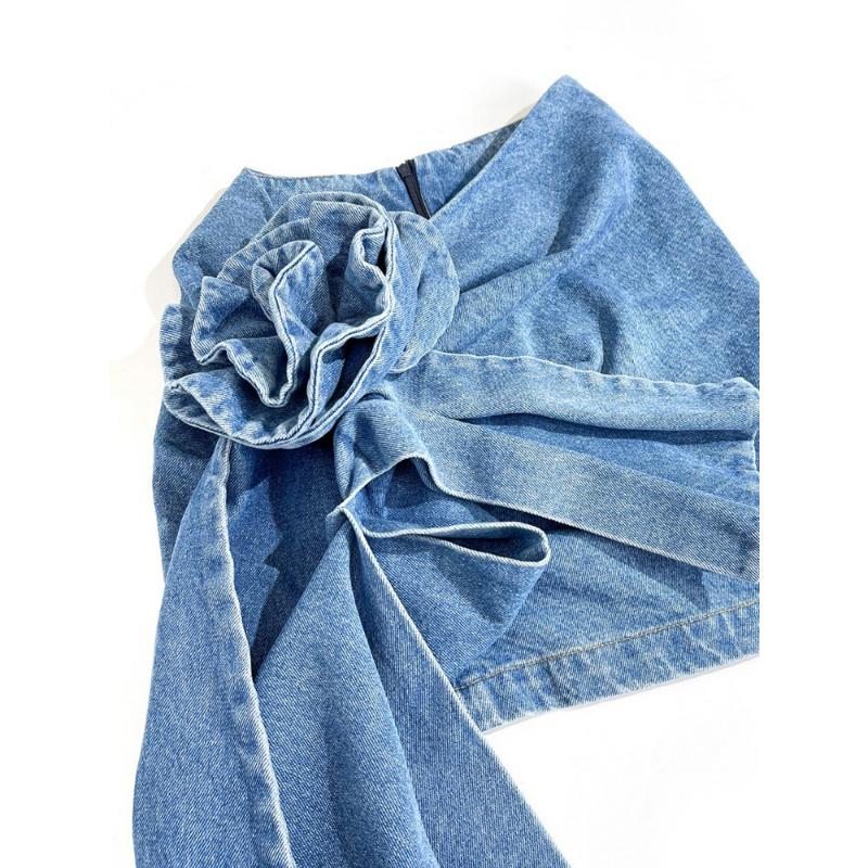 Módní dámská sukně Vysoký pas Trojrozměrný květ růže Asymetrické modré džínové krátké sukně léto Novinka