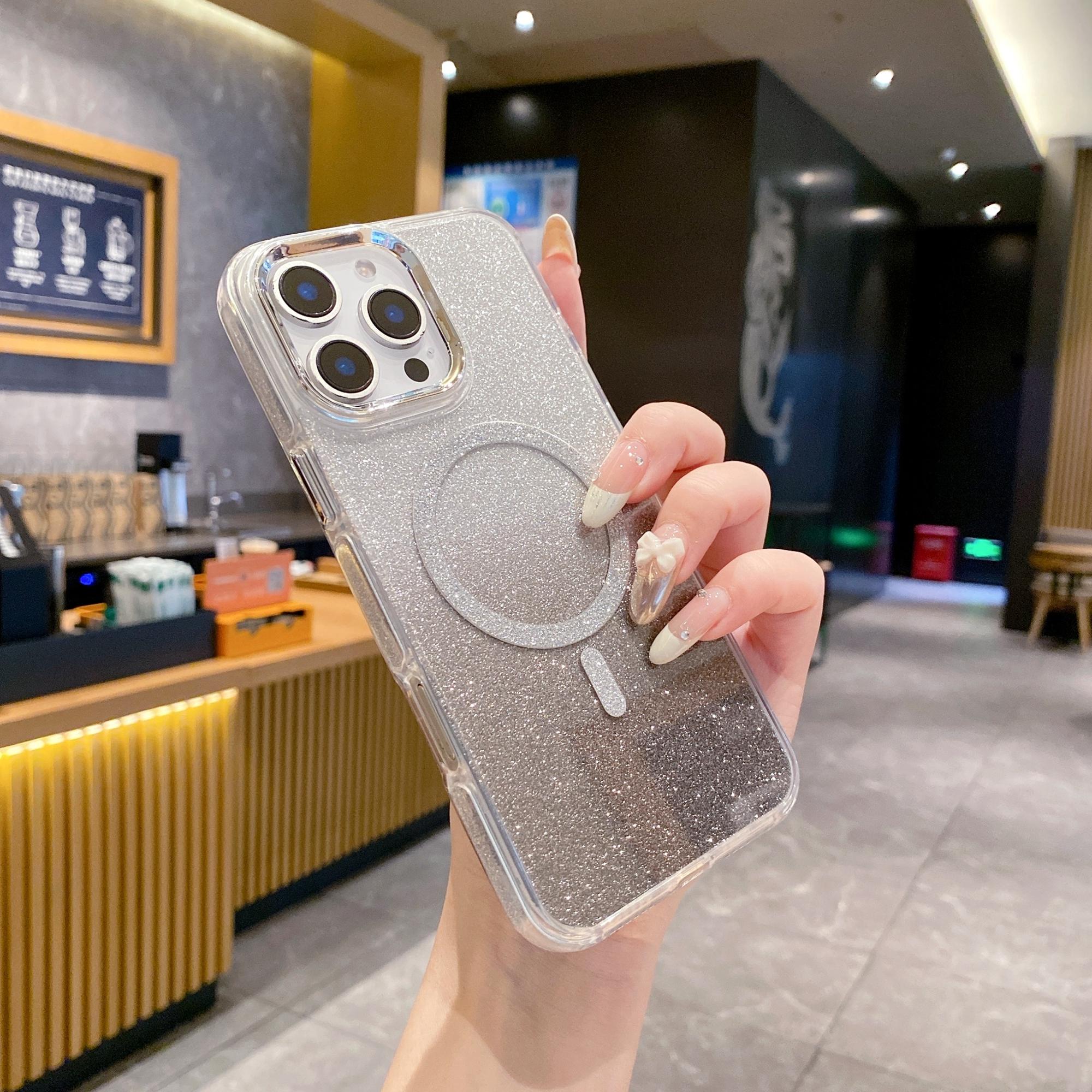 

For iPhone 16 Pro Case TPU+Acrylic Glitter Magnetic Phone Cover Compatible with MagSafe Silver