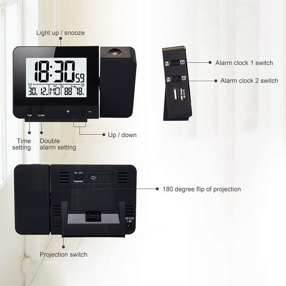Projection Alarm Clock Digital Table Clock with Thermometer Hygrometer Display