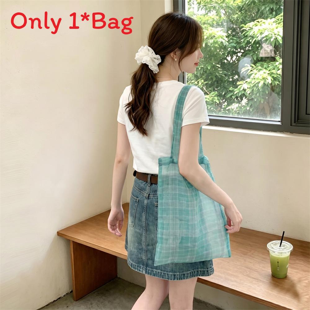 Macaron Plaid Fabric Tote Bag With Open Top For Casual Summer Outings