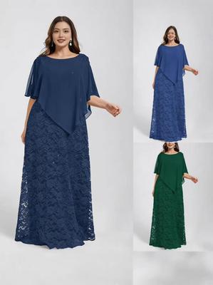 2026 Plus Size Women's Lace Evening Gown with Chiffon Shawl - Slim Party Dress