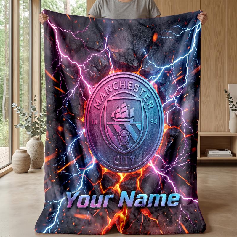 Custom Text Flannel Throw Blanket, Lightweight Cozy Bed Sofa BlanketManchester City