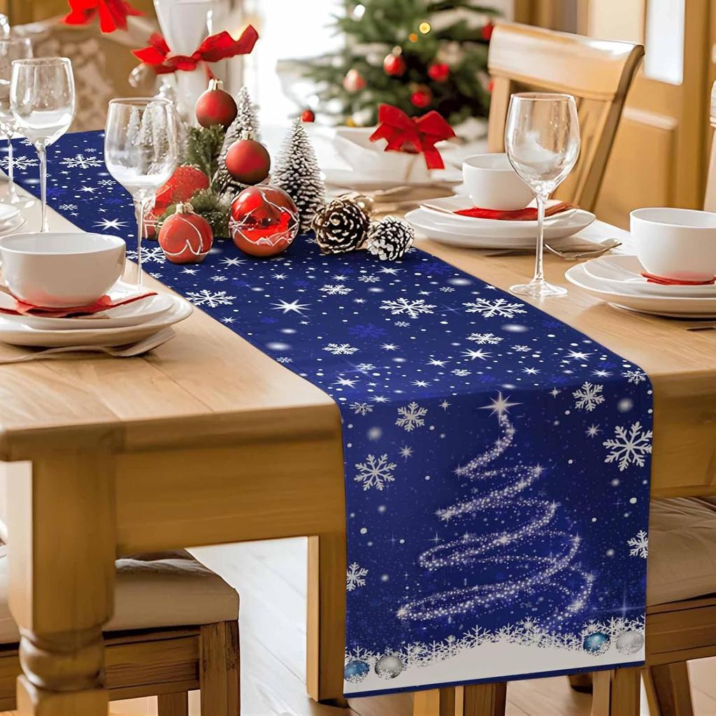 Christmas Snowflake Xmas Tree Navy Blue Linen Table Runners Party Decor Winter Kitchen Dining Table Runner Christmas Decorations