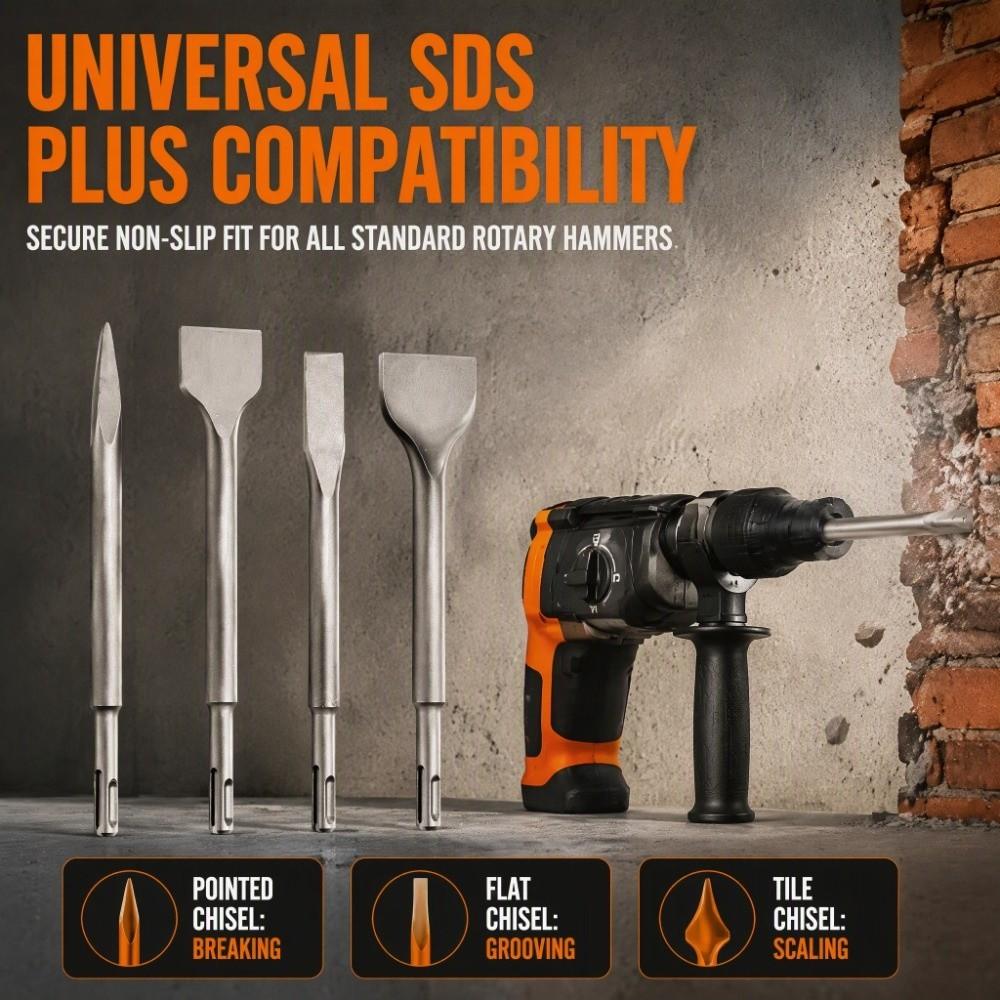 4pcs Round Shank Chisel Bit Set SDS Plus Shank Electric Hammer Bit  For Concrete Structure