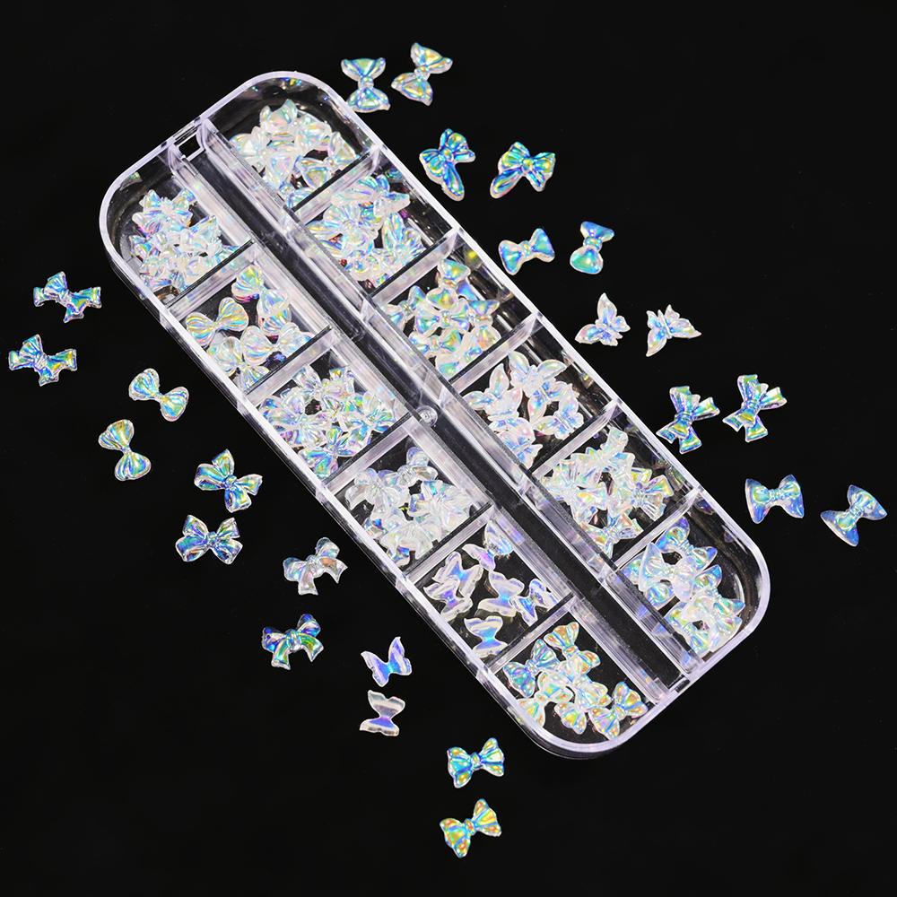 12Grids/Box Mixed Resin Bowknot Nail Charms 3D Colorful Bow Kawaii Rhinestone Nail Art Decorations DIY Manicure Parts Pen Tweeze
