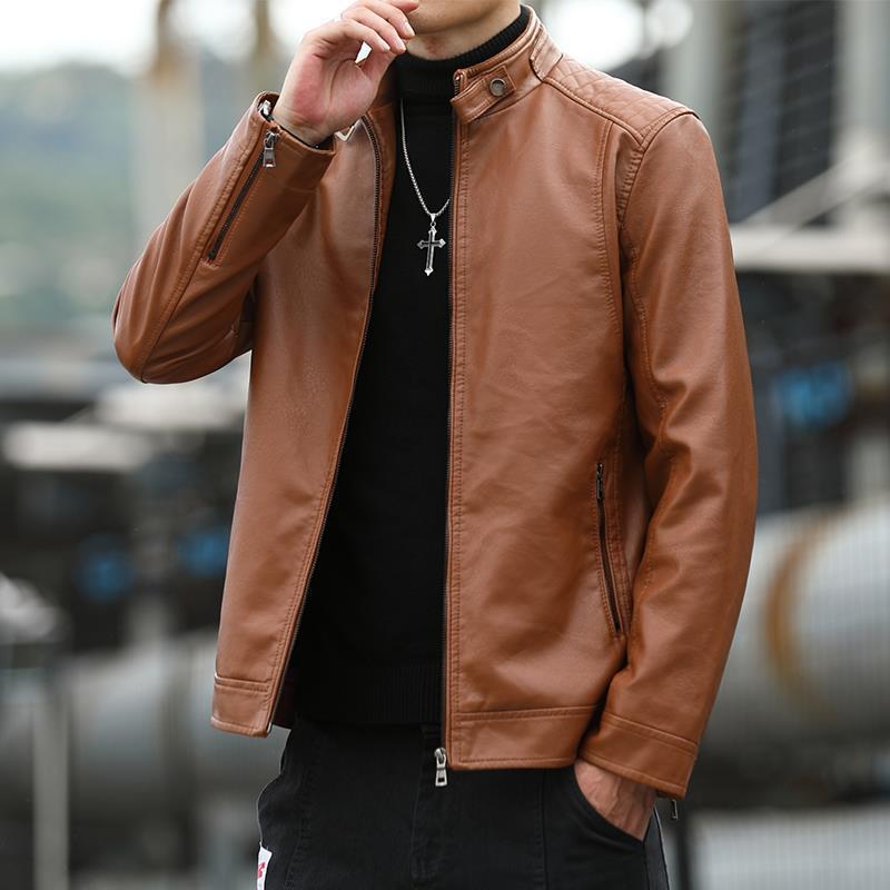 Men's leather jacket spring and autumn new locomotive jacket stand-up collar men's top trendy short leather jacket velvet leather jacket