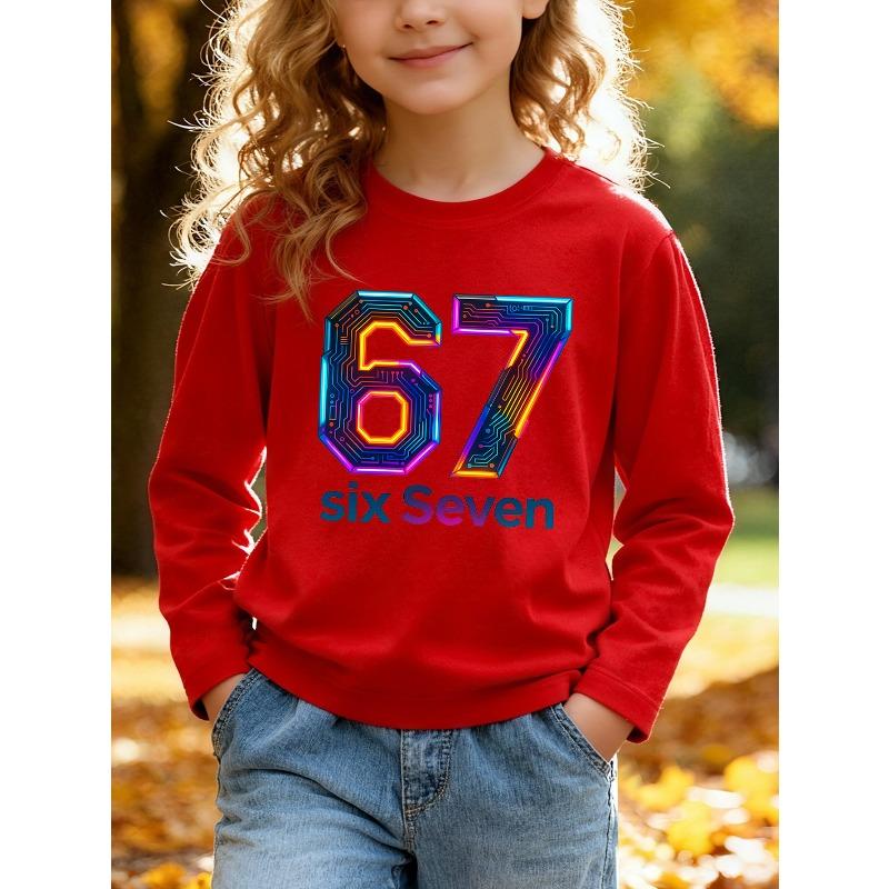 Unisex Kids White Long Sleeve Tee For 4-12 Boys Girls Tech Circuit Neon Gradient 3D Number 67 Six Seven Text Print Soft Cotton Long Sleeve Top