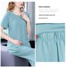 Summer Cotton Silk Women's Loose Two-Piece Set: Solid Color Short Sleeve Top and Long Pants, Plus Size Casual Wear.