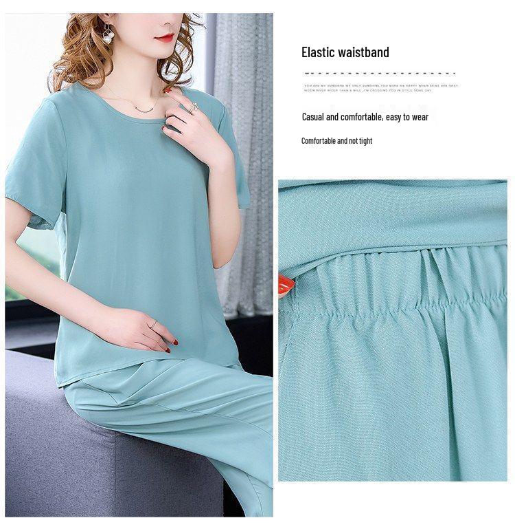 Summer Cotton Silk Women's Loose Two-Piece Set: Solid Color Short Sleeve Top and Long Pants, Plus Size Casual Wear.