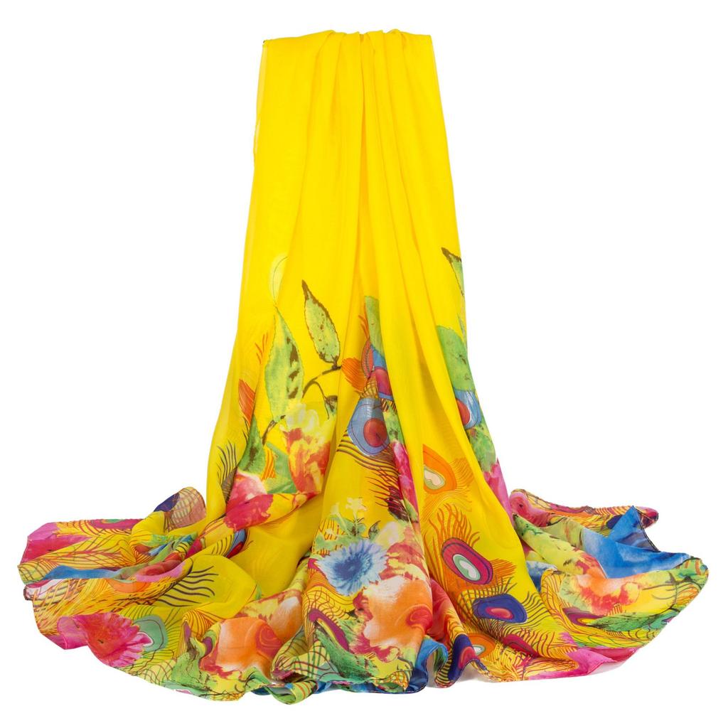 Women Floral Chiffon Shawl Light Thin Sheer Long Beach Wrap Multifunctional Neck Scarf Hair Band Bag Decor Fashion Holiday Sun Protection Accessory