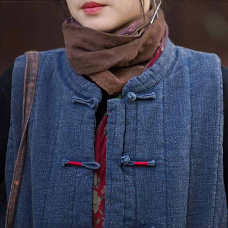 Johnature Women Vintage Winter Sleeveless Vests Coats Stand Solid Color Chinese Style Warm Cloths Button Pockets Coats