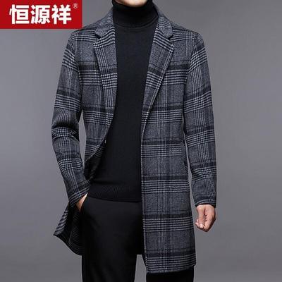 Hengyuanxiang Herren Mittellanger karierter doppelseitiger Wollmantel