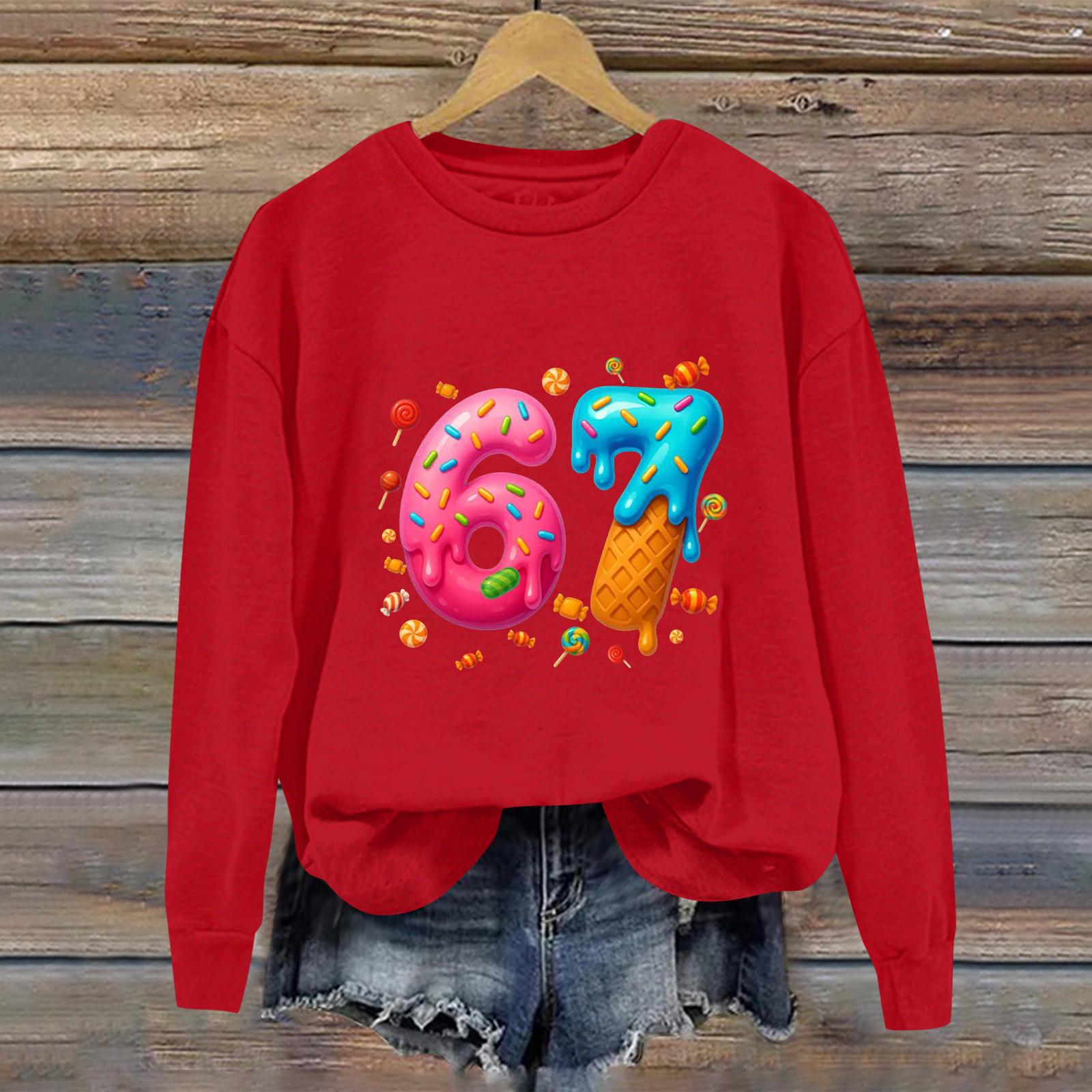 

Ladies Digital Printed Casual Long Sleeved Hooded Sweatshirt Top XL червоний