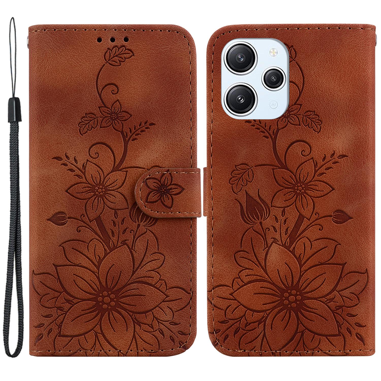 

For Xiaomi Redmi 12 4G Imprinted Lily Flower Phone Case PU Leather Stand Phone Wallet Cover Brown