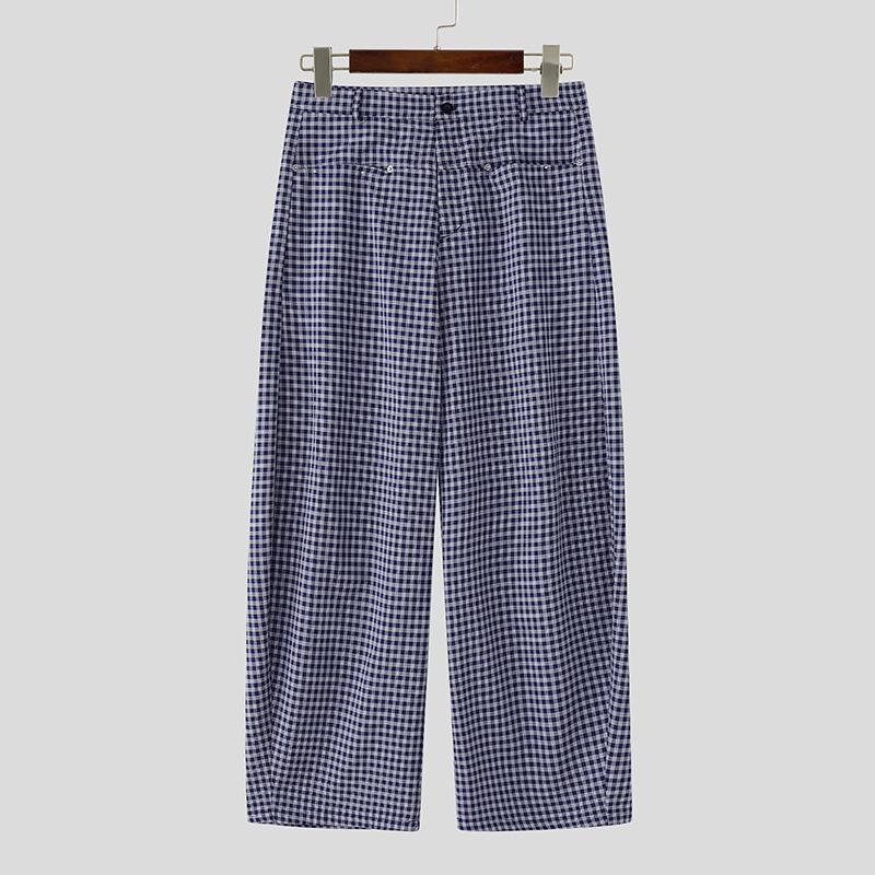 

INCERUN Мужские брюки на молнии, с клетчатым принтом, повседневные, длинные, прямые, для ношения под низ 2XL темно-синий