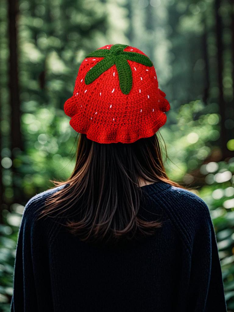 Strawberry Ruffle Crochet Woolen Hat - Women's Cute Autumn/Winter Fisherman Style