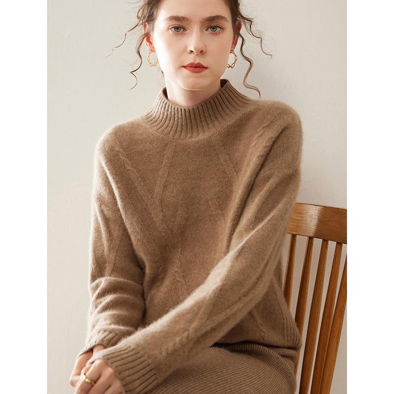 Women's Drop Shoulder Cashmere Pullover Sweater - Thickened Jacquard Knit, Half-High Neck, Long Sleeve, Versatile Loose Fit.