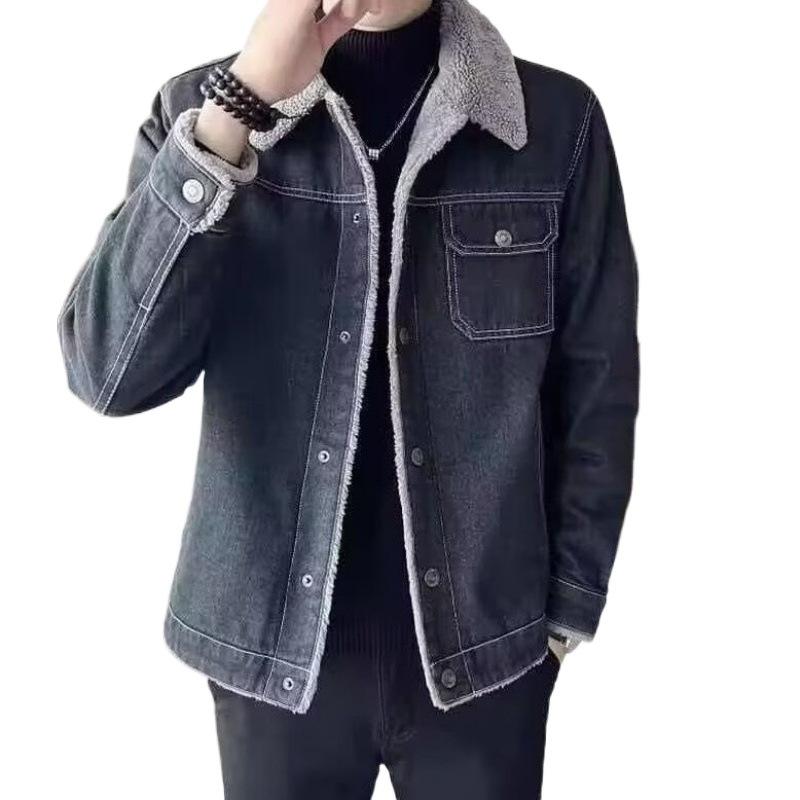 Men's Denim Jacket Fleece-lined Trendy Autumn Winter Style Sheep Velvet Korean Version Slims Casual Thickened Jacket