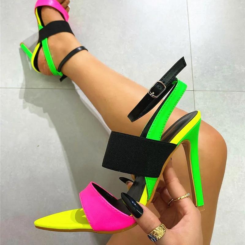 

Fashion Mixed Colors Ankle Buckle Strap Thin High Heels Sandals for Women Sexy Open Toe Pointed Stiletto Party Shoes Rome Sandalias 35