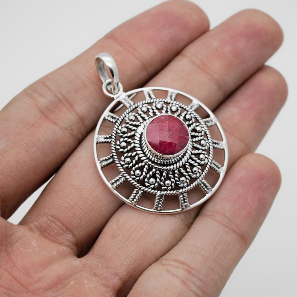 Handmade Round Twister Wire Pendant for Her, 925.% Silver Pendant, Red Corundum, Gift for Mom