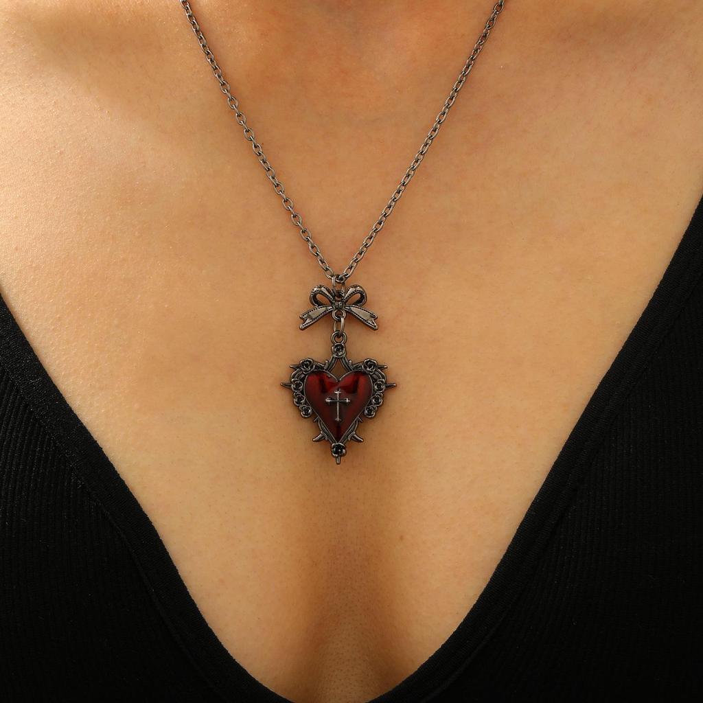 Gothic Punk Court Retro Style Red Heart Shaped Collarbone Bow Cross Necklace Pendant